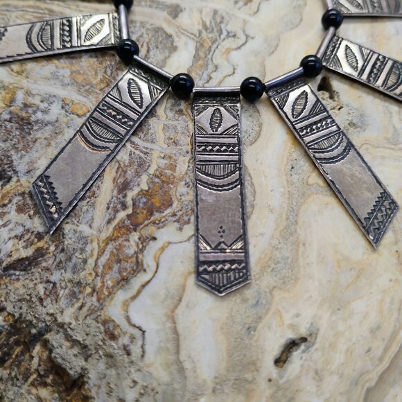 Vtg Tuareg Silver & Onyx African Celebra Necklace Agadez Berber Tribal Collar - Picture 4 of 9